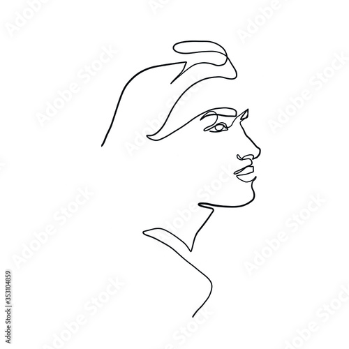 Minimal line vector woman. Linear glamour portrait woman. Portrait of profile of girl. Linear glamour logo in minimal style for beauty salon, beautician, makeup artist, stylist. Hand drawn art.