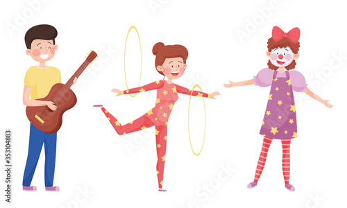 Young Street Performers with Girl Juggling with Hoola Hoop and Boy Playing Guitar Vector Set