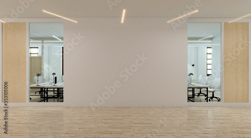 The modern office interior with wooden walls and empty wall with copy space. 3d rendering
