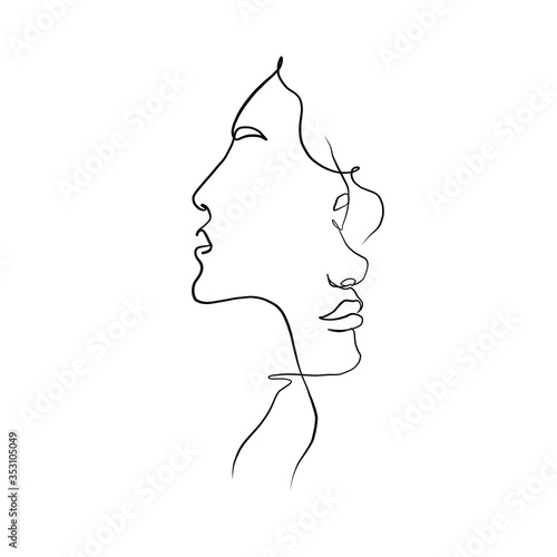 Linear lovers. Man and woman faces in minimal style. One continuous line drawing two human. Logo couple in love. Silhouette male and female. Vector design for Valentines day, wedding invitations.