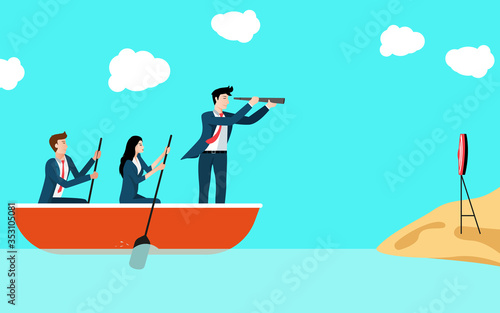 Business leadership concept illustration. Leader sailing boat with a telescope helps the team to reach a goal.