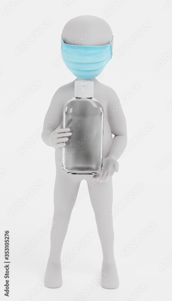 3D Render of Cartoon Character with Face Mask and Hand Sanitizer 3D Render of Cartoon Character with Face Mask and Hand Sanitizer