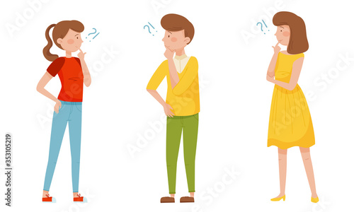 People Characters Standing with Thoughtful Expression on Their Faces and Question Marks Vector Illustrations Set