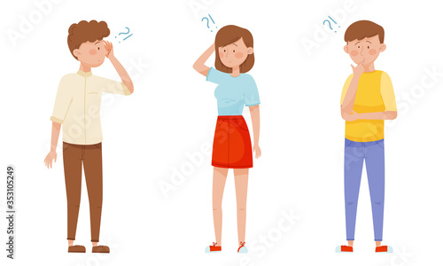 People Characters Standing with Thoughtful Expression on Their Faces and Question Marks Vector Illustrations Set