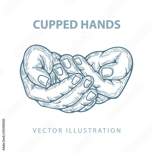 Сupped hands. Hands cupped together sketch drawing vector illustration. Charity, care, protect and poverty concept. Part of set.