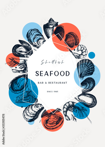 Seafood trendy collage design. Shellfish frame with abstract elements. Mollusks, shrimps, fish sketches. Perfect for recipe, menu, label, delivery, packaging. Vintage mussels and oysters background. 