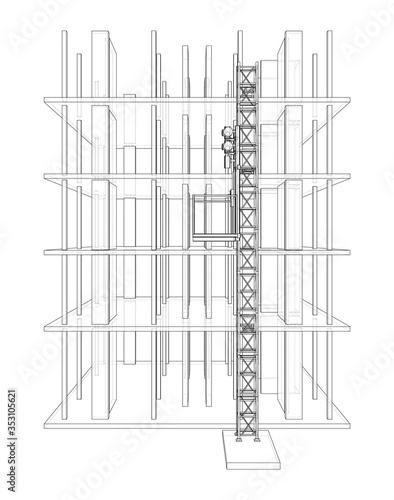 Building under construction with mast lifts