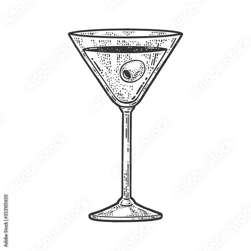 Alcoholic drink liquor with olive in a glass sketch engraving vector illustration. T-shirt apparel print design. Scratch board imitation. Black and white hand drawn image.