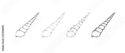 Hand drawn black contour seashell. Outline, cartoon, tattoo design with dots. Stipple effect