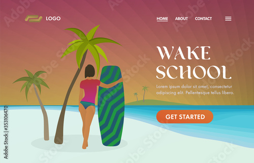 Wakeboarding School UI UX vector web template for wake station landing page, sports camp. Young sporty girl hugs a wakeboard while standing on white sand beach with palm trees and looking at sunset.