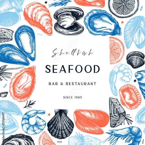 Seafood frame design. Shellfish background with abstract elements. Mollusks, shrimps, fish sketches. Perfect for recipe, menu, label, delivery, packaging. Vintage mussels and oysters template. 