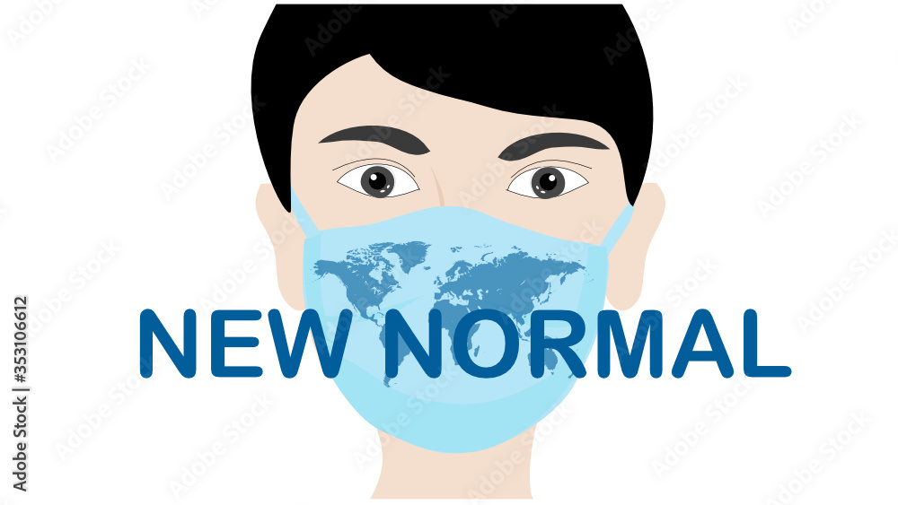 New normal lettering on man face wearing face mask to prevent from COVID-19 coronavirus outbreak vector illustration New normal lettering on man face wearing face mask to prevent from COVID-19 coronavirus outbreak vector illustration