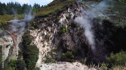 4k locked off with slight tilt pan motion with sound of Crater Fumarole at Craters of the Moon which is a thermal area that has a lot of geothermal activity north of Taupo, North Island, New Zealand photo