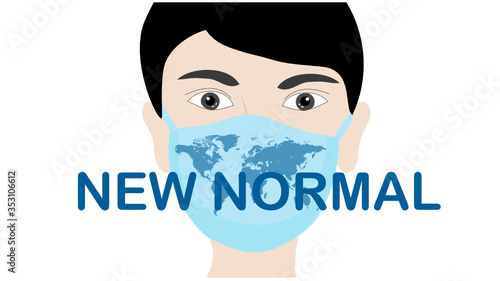New normal lettering on man face wearing face mask  to prevent from COVID-19 coronavirus outbreak vector illustration