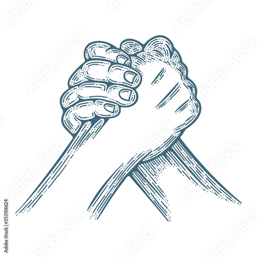 Arm wrestling. Arm wrestling engraving style vector illustration. Part of set.