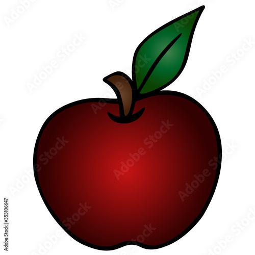 Apple. Fresh, juicy red fruit with a leaf. Colored vector illustration. Isolated background. Cartoon style. Harvesting. Seasonal product. Juicy fruit from the apple tree. Organic product. 