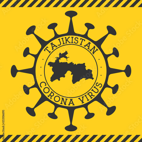 Corona virus in Tajikistan sign. Round badge with shape of virus and Tajikistan map. Yellow country epidemic lockdown stamp. Vector illustration.