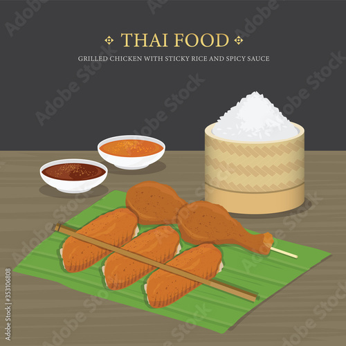 Set of Traditional Thai food, Grilled chicken with sticky rice and spicy sauce over banana leaf. Cartoon Vector illustration 