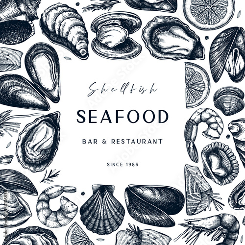 Seafood frame design. Shellfish background with abstract elements. Mollusks, shrimps, fish sketches. Perfect for recipe, menu, label, delivery, packaging. Vintage mussels and oysters template. 