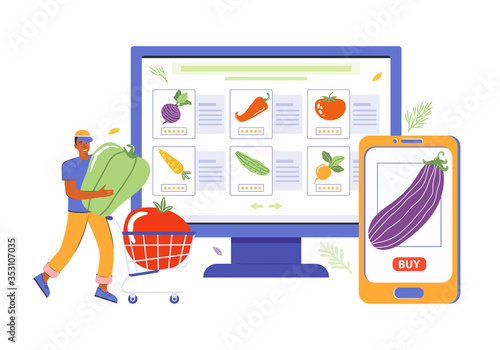 Online order of products and food using the mobile app and online store. Male characters are shopping via web and smartphone. Sale of fresh vegetables. Man puts food in a grocery cart. Healthy eating