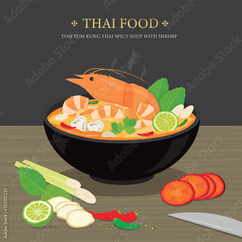 Set of Traditional Thai food, Tom Yum Kung is Thai spicy soup with shrimp. Cartoon Vector illustration 