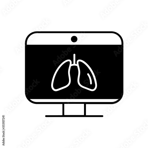 Black flat icon online about doctor, lungs on the monitor laptop respiratory disease consultant medical protection covid 19 vector illustration coronavirus