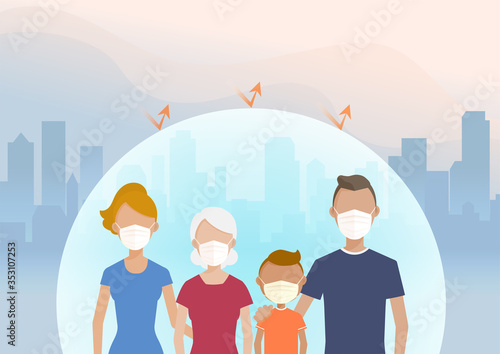 Urban people wearing protective face masks prevent disease, virus infections, air pollution, dust, smog. Vector illustration flat style, health care concept.