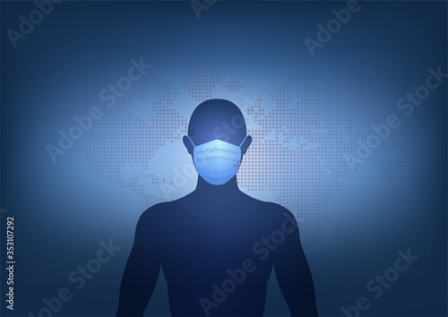 Silhouette man wearing protective face masks prevent disease, virus infections, air pollution, dust, smog, with world map background. Vector illustration flat style.