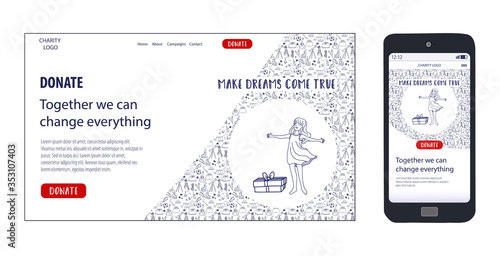 Mobile and website template for Charity education and Donate online. Vector doodle concept illustration. Support nationalities with humanitarian aid. Scholarship donation for kids around the world.