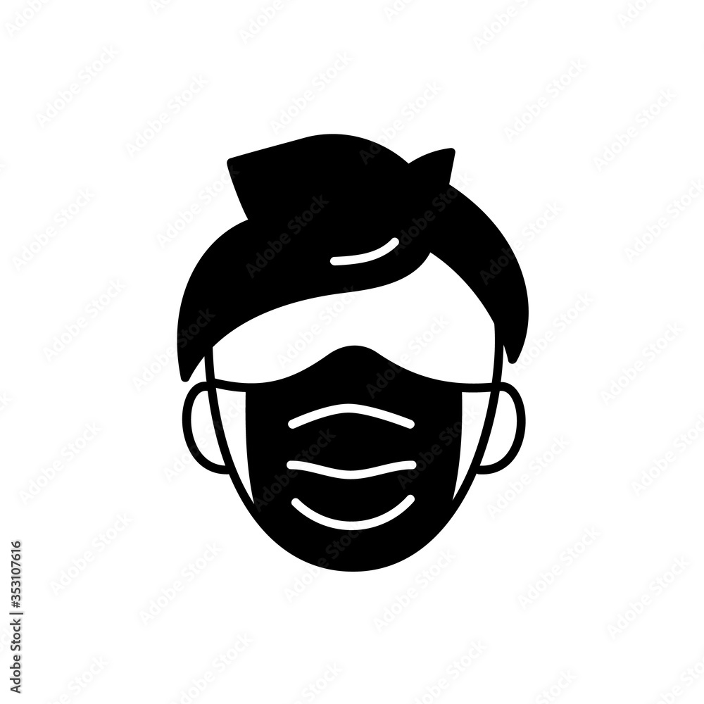 Man face with mask icon vector in trendy black flat style isolated on white background. illustration for medical banner, poster and web design. Coronavirus bacteria covid-19 concept Man face with mask icon vector in trendy black flat style isolated on white background. illustration for medical banner, poster and web design. Coronavirus bacteria covid-19 concept