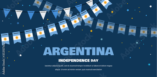 Argentina flags bunting on night background. banner for independence or revolution day. Background for greeting Card, Poster, Web Banner Design.