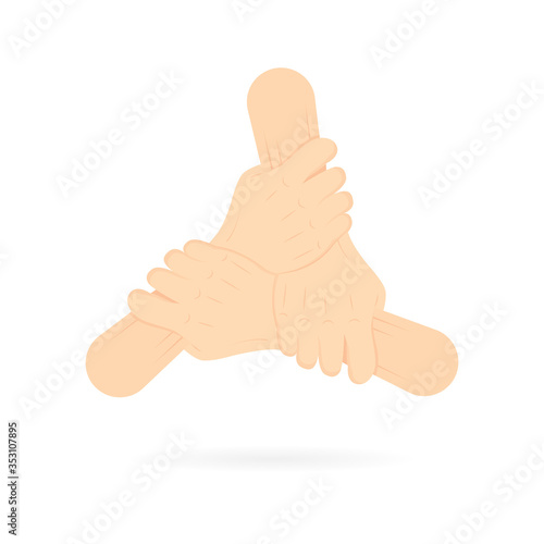 Join hands together. Three hands holding each other isolated on white background. Teamwork concept vector illustration. Part of set.