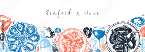 Seafood and wine banner design. Shellfish frame with mollusks, shrimps, fish sketches. Perfect for recipe, menu,  delivery, packaging. Vintage mussels and oyster background