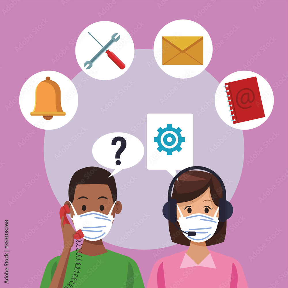 call center support couple workers wearing medical mask