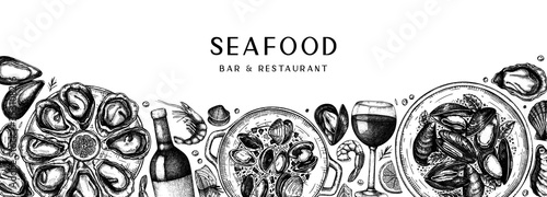 Seafood and wine banner design. Shellfish frame with mollusks, shrimps, fish sketches. Perfect for recipe, menu,  delivery, packaging. Vintage mussels and oyster background