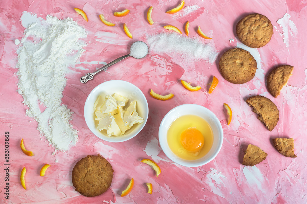 Baking tasty cookies on a pink background Baking tasty cookies on a pink background