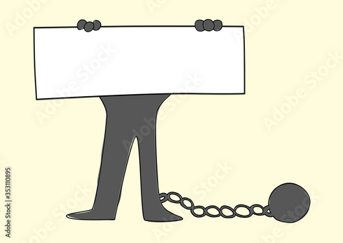 Silhouette of a slave man with a chain holding up a blank banner. Cartoon hand drawn style vector illustration.