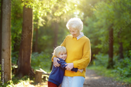 Photography Loving grandson tenderly embracing his joyful elderly grandmother during walking at summer park