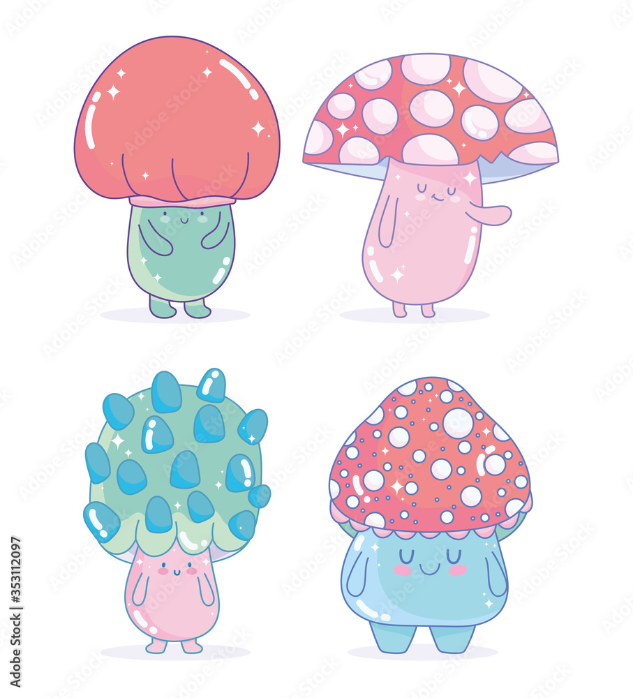 video game fungus characters cartoon friendly icons set video game fungus characters cartoon friendly icons set