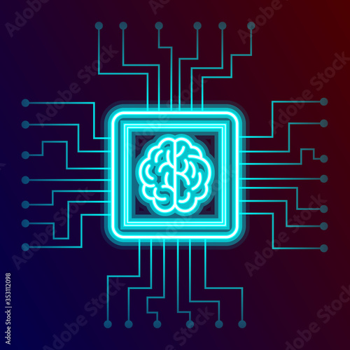 Neural networks, stylization in the form of a neural cell and a processor with a brain on cyber background. Vector