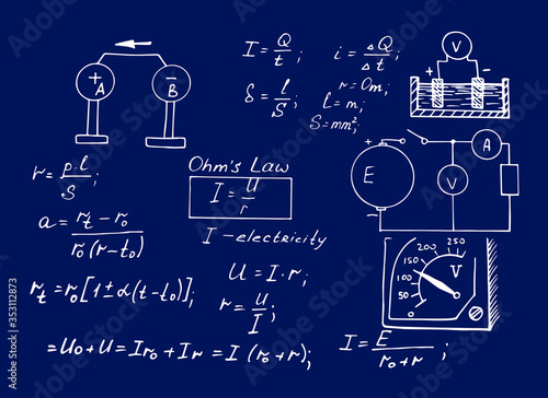 Physics law theory and mathematical formula equation. Vintage technical and scientific background. Vector hand-drawn blueprint.