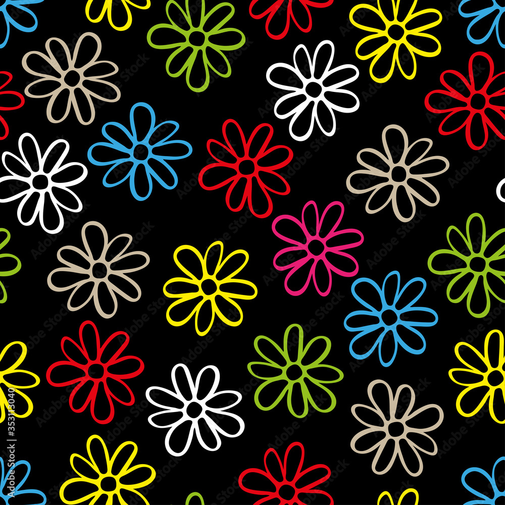 Beautiful bright multicolored contour flowers isolated on a black background. Childish cute seamless pattern. Hand drawn vector graphic illustration. Texture. Beautiful bright multicolored contour flowers isolated on a black background. Childish cute seamless pattern. Hand drawn vector graphic illustration. Texture.