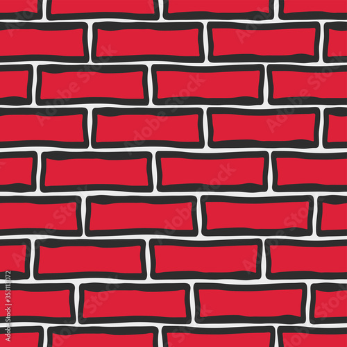 Red brick wall. Cartoon seamless pattern. Horizontal view. Hand drawn vector graphic illustration. Texture.