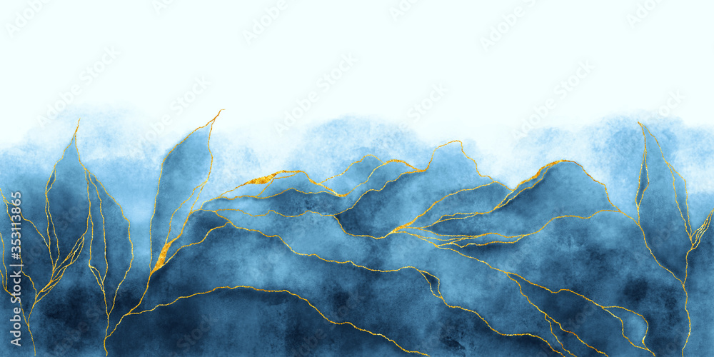 Akwarelowa niebieska i złota abstrakcja 
