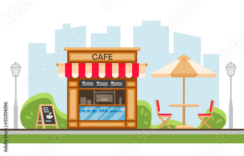 Park street cafe with umbrella, table, chair, terrace, skyscrapers, lantern Urban spring summer landscape. Coffe in outdoor. Park with outside cafe. Flat cartoon vector illustration