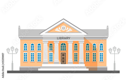 Vector flat illustration exterior of library with title and columns isolated on white background. City architecture public government building. World heritage construction