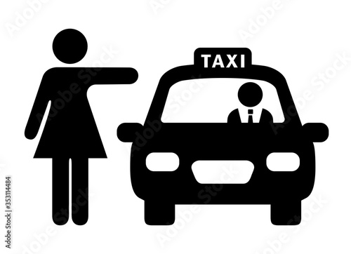 Woman hailing taxi cab vector icon
