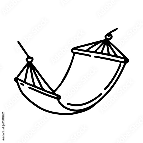 Vector hand drawn doodle outline illustration swing bed hammock isolated on white background. Sketch for coloring booking page, card, logo, banner, tattoo.