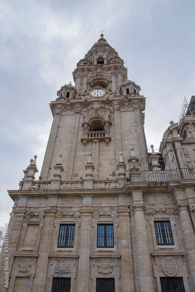 Tower of the facade of the Cathedral of Santiago, in Santiago de Compostela, La Coruña, Galica, Spain, Europe.