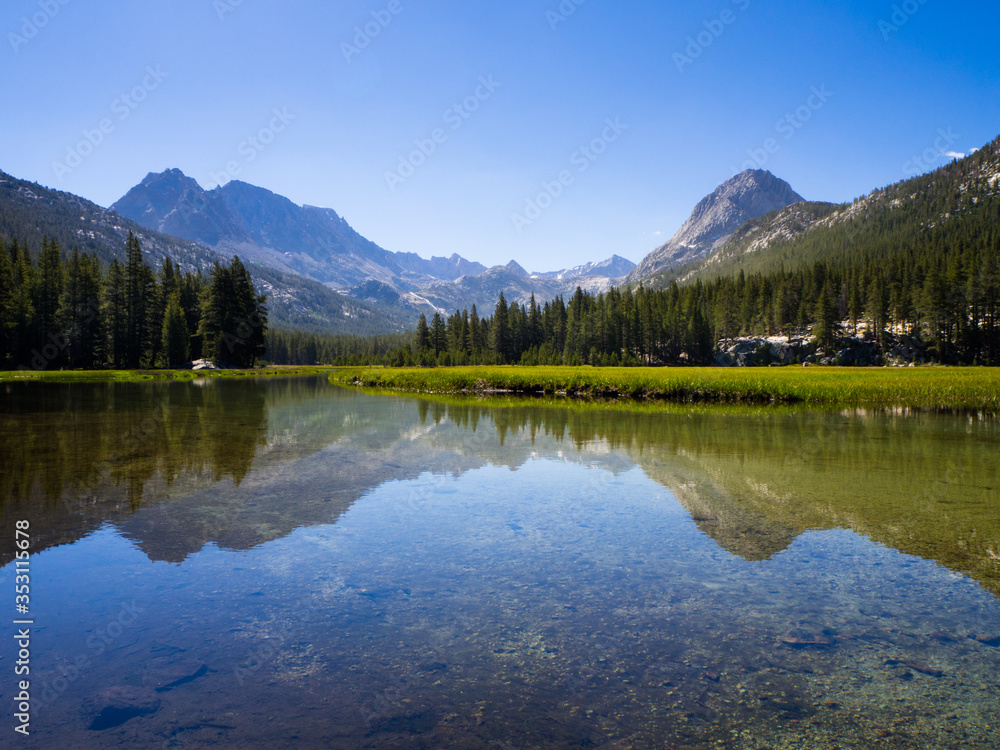 Beautiful mountain range and pine forest, reflected in a still, clear river, surrounded by alpine meadow.